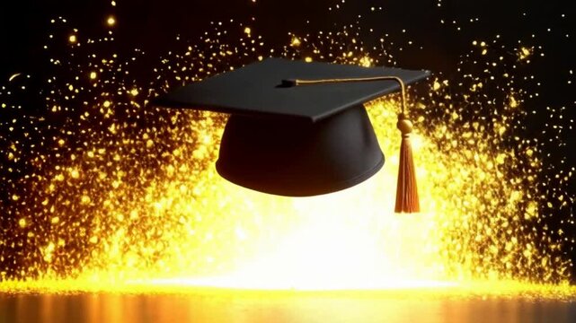Graduation cap floating in mid-air with golden tassel, glowing particles around, soft light, black background, elegant and minimal