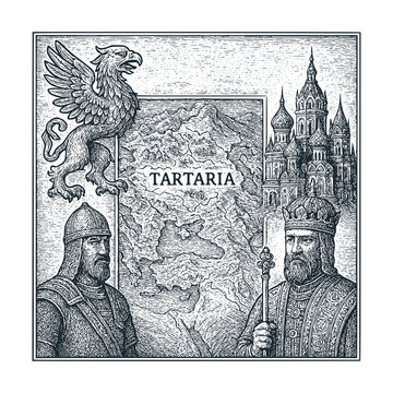 Black White Vector Illustration of the Tartaria Map, Leader, Knight, and Griffin: A Vintage Engraved Infographic