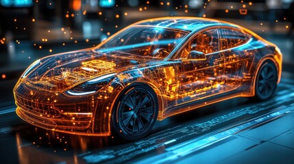 Obraz premium Futuristic Electric Car: A Digital Hologram Unveiling Inner Mechanics
