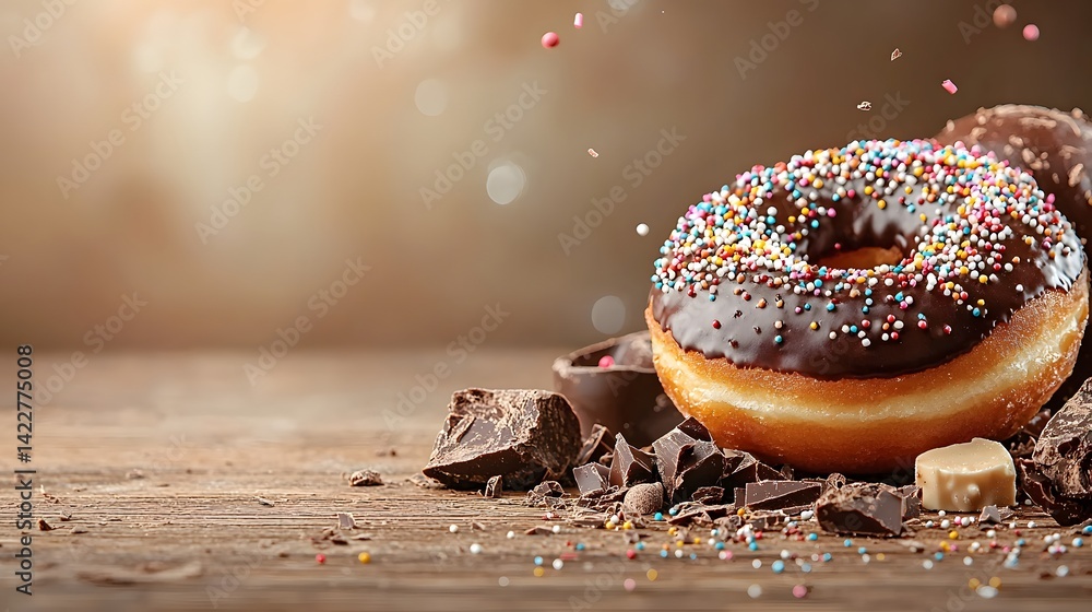 Poster freshly baked chocolate glazed donut topped with a vibrant display of multi colored sprinkles creati