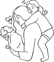 Line art illustration of a silhouette of a woman carrying her children, Mother's Day. Maternal