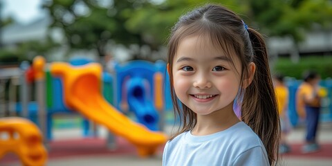 A young girl is smiling and standing in front of a playground