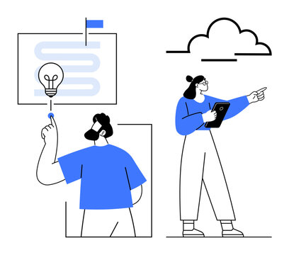 Professionals brainstorming with light bulb and pathway, using technology and discussing innovative ideas. Ideal for creativity, teamwork, collaboration, problem solving, strategy, brainstorming