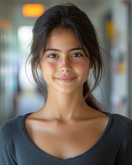 Fototapeta premium A woman with a black shirt and ponytail is smiling