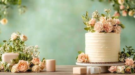 A beautifully crafted wedding cake adorned with a lush arrangement of soft blush colored roses and delicate greenery creating an elegant and romantic presentation