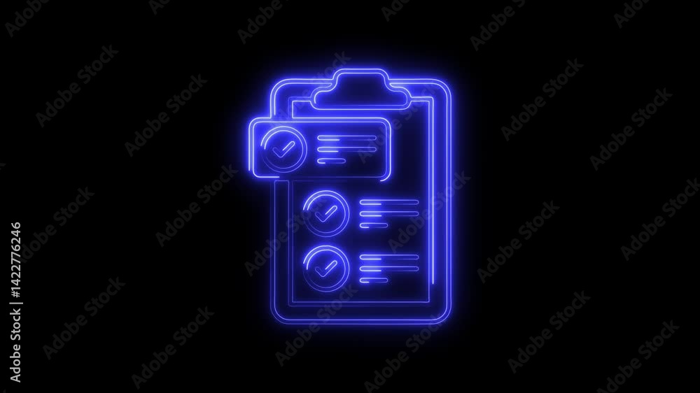 Poster glowing neon clipboard animation on black background checklist with completed tasks digital verifica