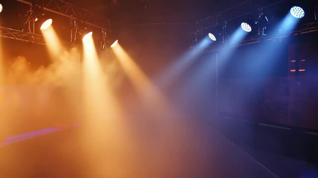 Stage floodlights and blinking club lights flashing through smoke in loop animation