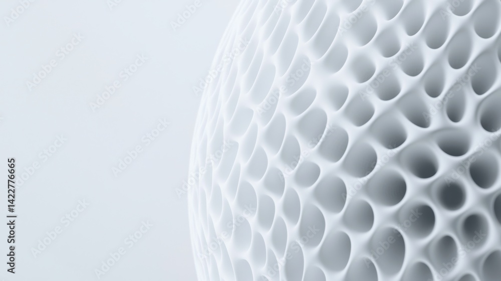 Poster a close-up of a textured, spherical surface featuring a honeycomb pattern in a light, minimalistic s
