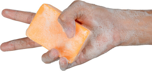 Hands holding soap bar with foam isolated transparent