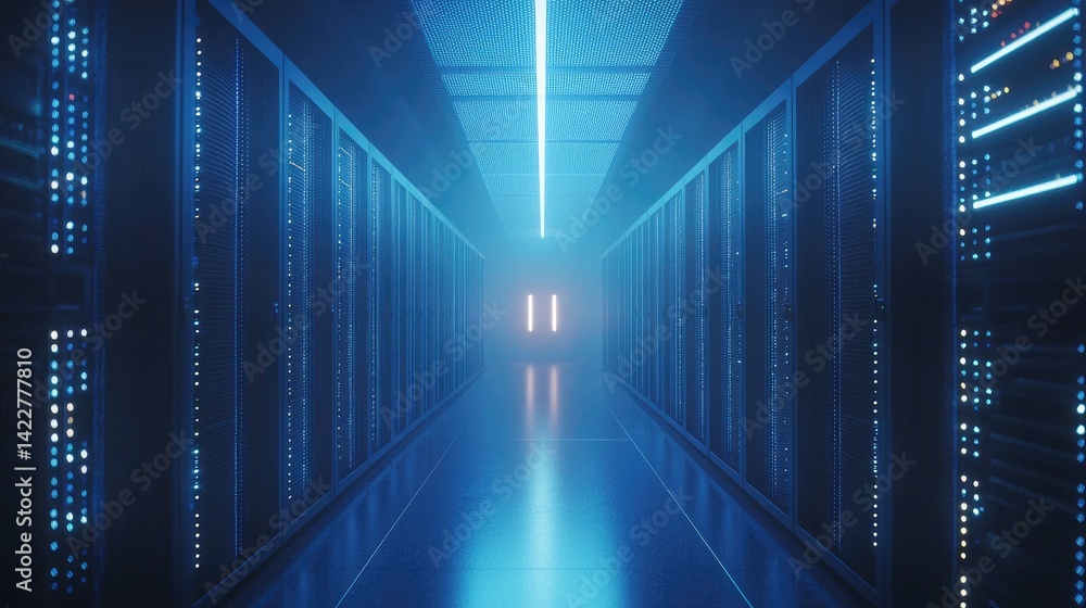 Aufkleber bright blue futuristic server hallway glowing with led lights and polished reflections. perfect for 