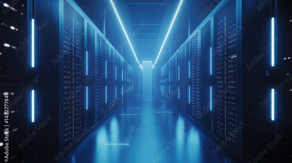 Poster dark futuristic data center hallway with glowing vertical blue lights and reflective floors. ideal f