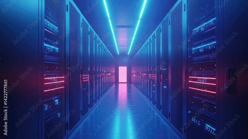 Poster futuristic data center corridor with neon blue and pink lighting reflecting off tiled floors. ideal 
