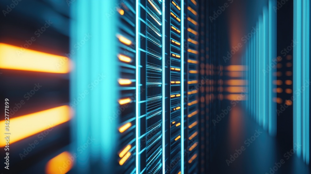 Poster Close-up view of illuminated blue and orange server racks in a futuristic data center. Great for cybersecurity, tech branding, and high-speed digital infrastructure visuals