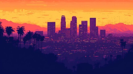 Fototapeta premium Vibrant cityscape at dusk: a stylized view of urban architecture and nature