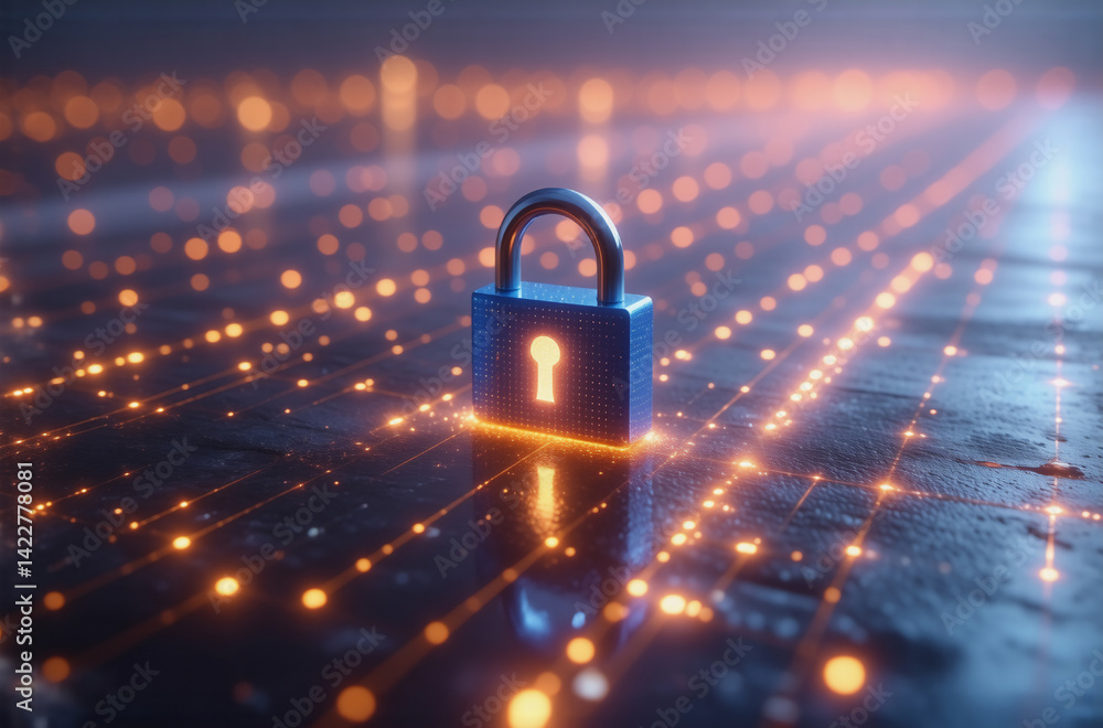 Aufkleber glowing blue padlock rests on a dark surface illuminated by orange digital pathways, symbolizing cyb