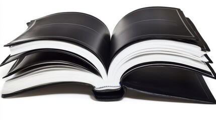 Open Black Book with White Pages on White Background