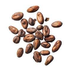 Falling cocoa beans with broken shells isolated on transparent background