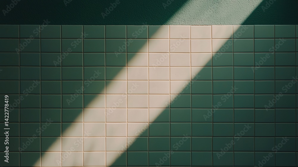 Poster a minimalist image featuring a tiled wall illuminated by a diagonal beam of light, contrasting green