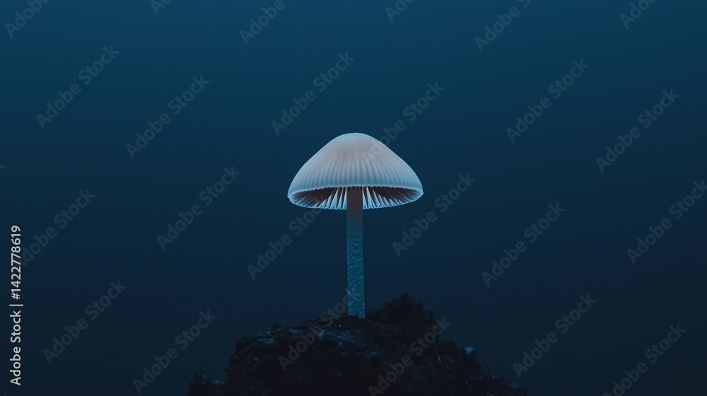 Poster a solitary mushroom glows softly against a dark background, creating an ethereal and captivating vis