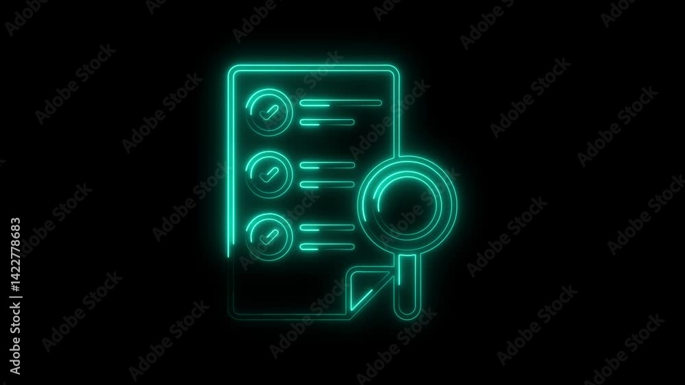 Poster glowing neon checklist with magnifying glass animation on black background shows verification and ex