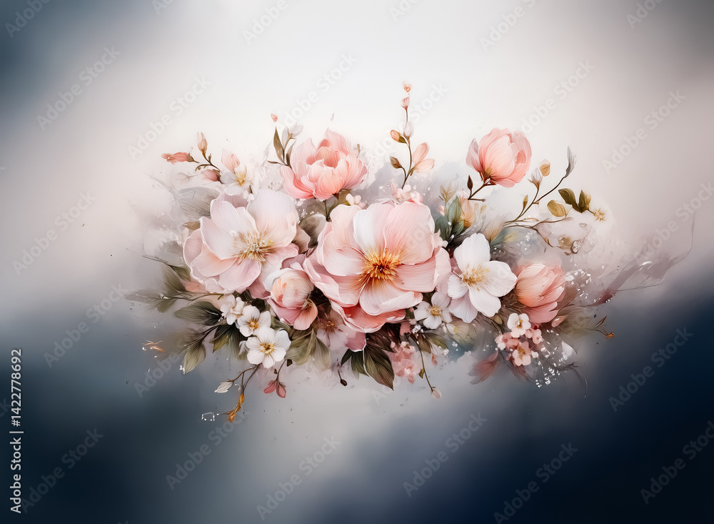 Poster soft pink and white flowers are beautifully arranged in a gentle bouquet against a soft, blurred bac