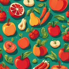 Isometric Geometric Fruit & Vegetable Pattern Vector Illustration
