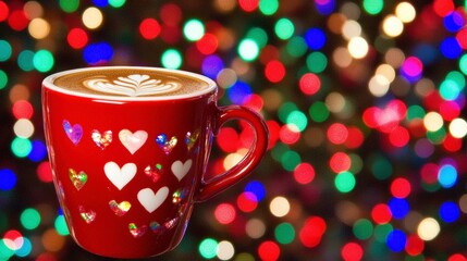 Obraz premium Red Mug with Heart Design Filled with Latte Art Against Colorful Bokeh Lights