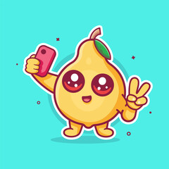 happy quince fruit character mascot taking a selfie with a smartphone isolated cartoon 