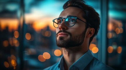 Man with glasses looks thoughtfully at city lights outside