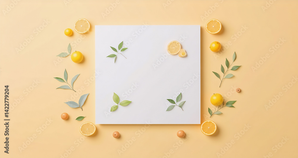 Aufkleber a flat lay composition features a white square at center with lemons and green leaves scattered arou