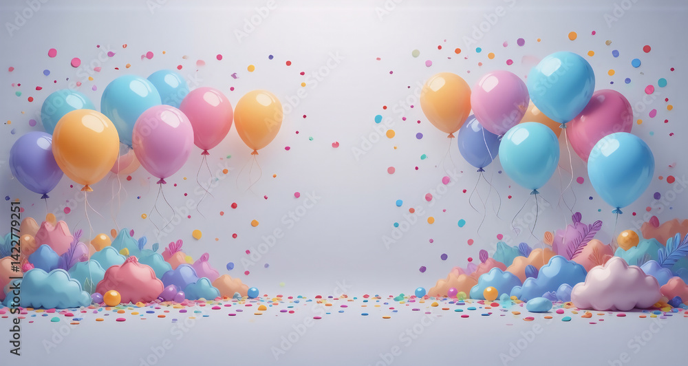Poster a whimsical celebration scene with pastel balloons floating amongst vibrant confetti and decorative 
