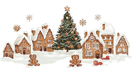 digitally rendered illustration depicts a whimsical winter scene, with clusters of charming gingerbread houses dotting the landscape, covered in simulated snowflakes.