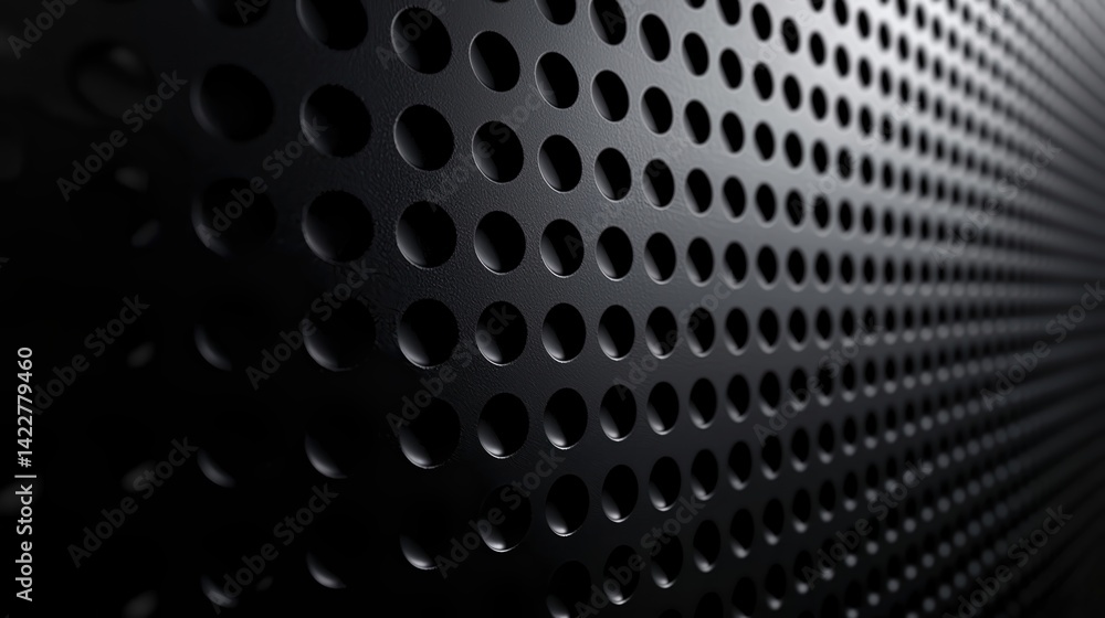 Poster a close-up view of a textured black surface featuring evenly spaced circular holes, creating a moder