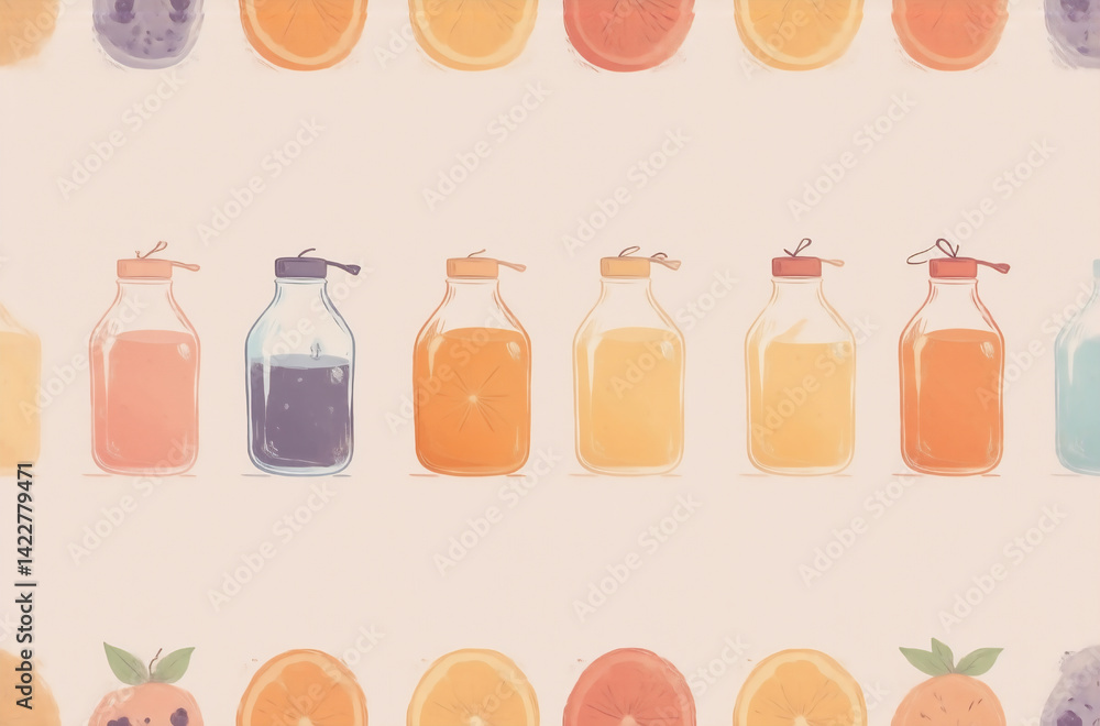 Poster Vibrant fruit slices frame a row of colorful glass bottles, each filled with a different juice.  A refreshing summer avatar.