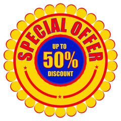 Special offer discount beautiful red yellow blue creative design. Special offer seal design Up to 50% Off.  Perfect for ecommerce, sale, banner, and promotion ads.