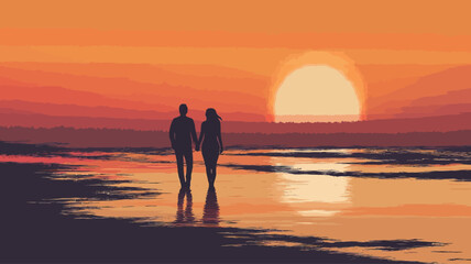 Fototapeta premium This digital painting depicts the silhouette of a couple walking hand in hand along a beach at sunset. The color palette is dominated by warm oranges, reds, and yellows.