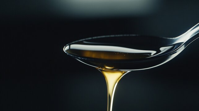 Golden elixir dripping from spoon, cinematic capture on dark backdrop
