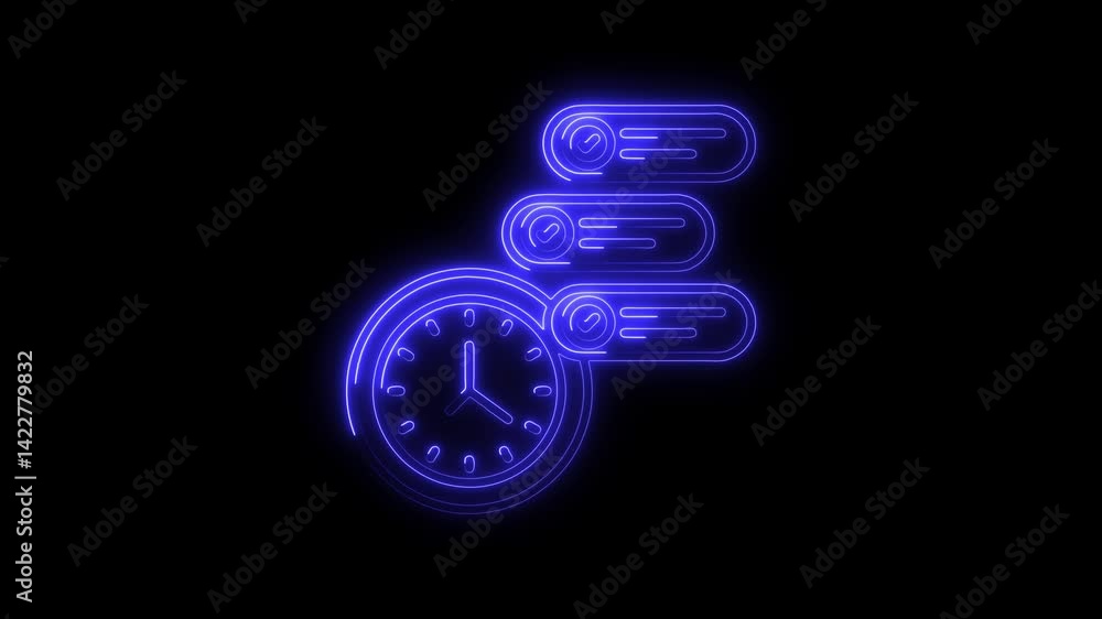 Poster neon clock animation with task list completion concept glowing in blue