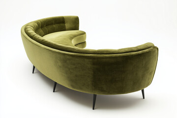 Olive Green Curved Velvet Sofa MidCentury Modern Design Black Legs
