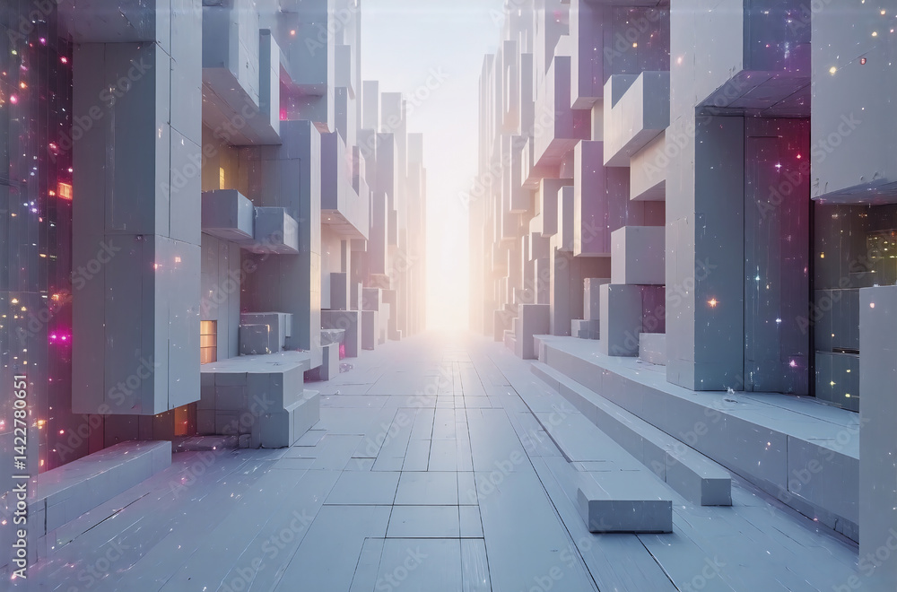 Leinwandbilder a futuristic cityscape, bathed in light. a perspective view through cubic structures, with subtle di