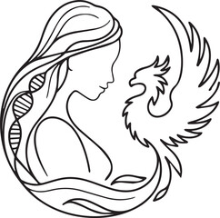 Line art design featuring a profile of a woman with long flowing hair intertwining with a stylized bird