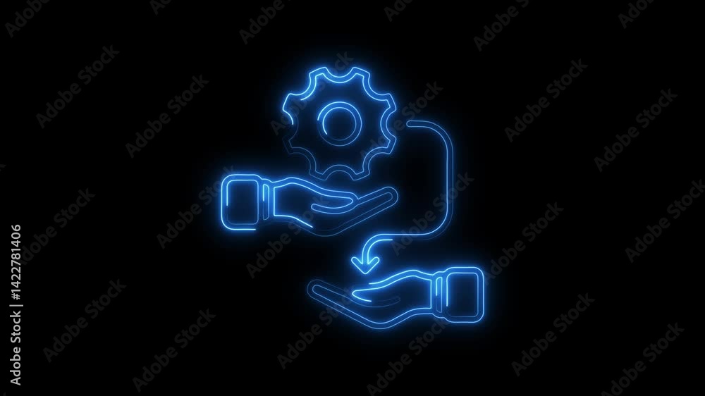 Poster neon style hands giving gear icon transfer on black background represents process automation and sol