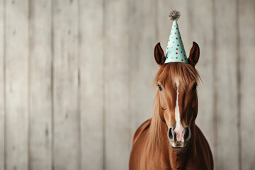 Horse wearing a party hat, A cheerful horse wearing a party hat, standing against a rustic wooden backdrop, capturing a joyful and playful moment.