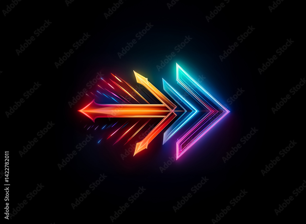 Poster a neon-lit arrow ensemble points right against a black backdrop. the artwork combines multiple arrow