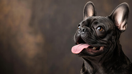 French Bulldog with its tongue hanging out, A close-up portrait of a playful black French Bulldog with an expressive face, showcasing its unique features and lively personality.