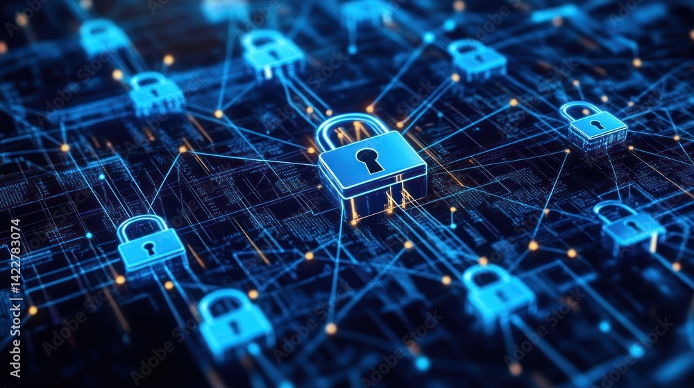 Poster digital fortress: encrypted network with padlocks securing data transmission