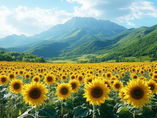 A Breathtaking Sunflower Field with Mountains in the Backdrop under a Bright Sky: A Stunning Landscape of Natural Beauty and Serene Harmony