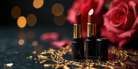 Romantic Red Lipstick Tubes on Dark Background with Gold Accents and Roses
