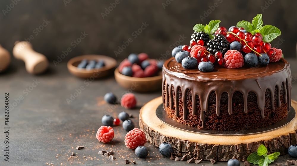 Poster A rich decadent chocolate cake adorned with an array of vibrant ripe berries creating a visually appealing and indulgent dessert