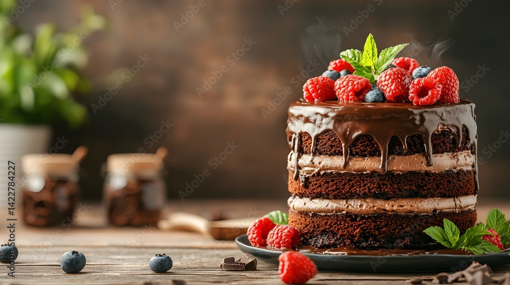 Poster decadent homemade chocolate cake layered with creamy frosting and topped with a vibrant array of fre